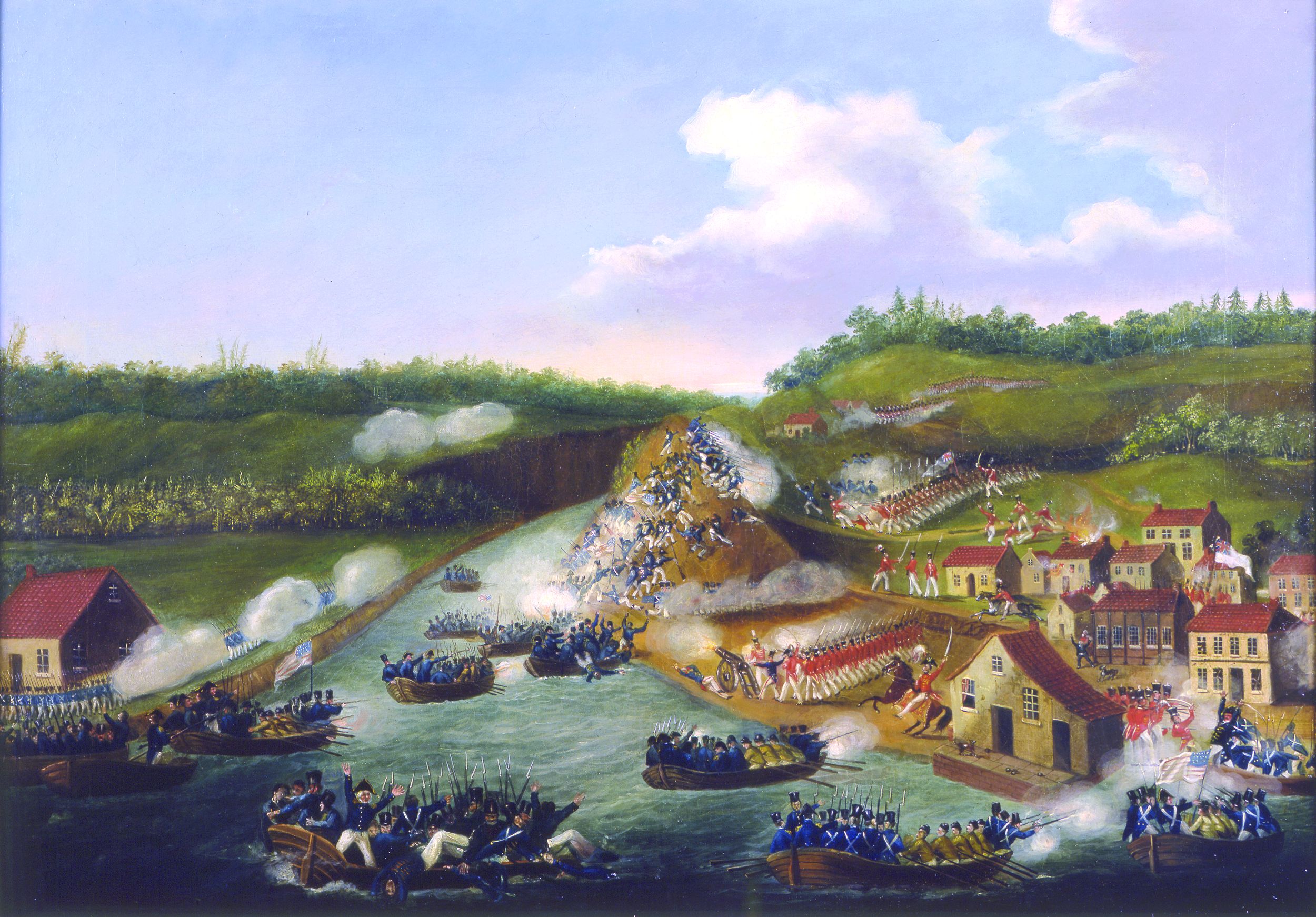 The Battle of Queenston Heights, by James B. Dennis, covers all aspects of the battle. Dennis, who took part in the fighting, may have directed another artist’s interpretation.