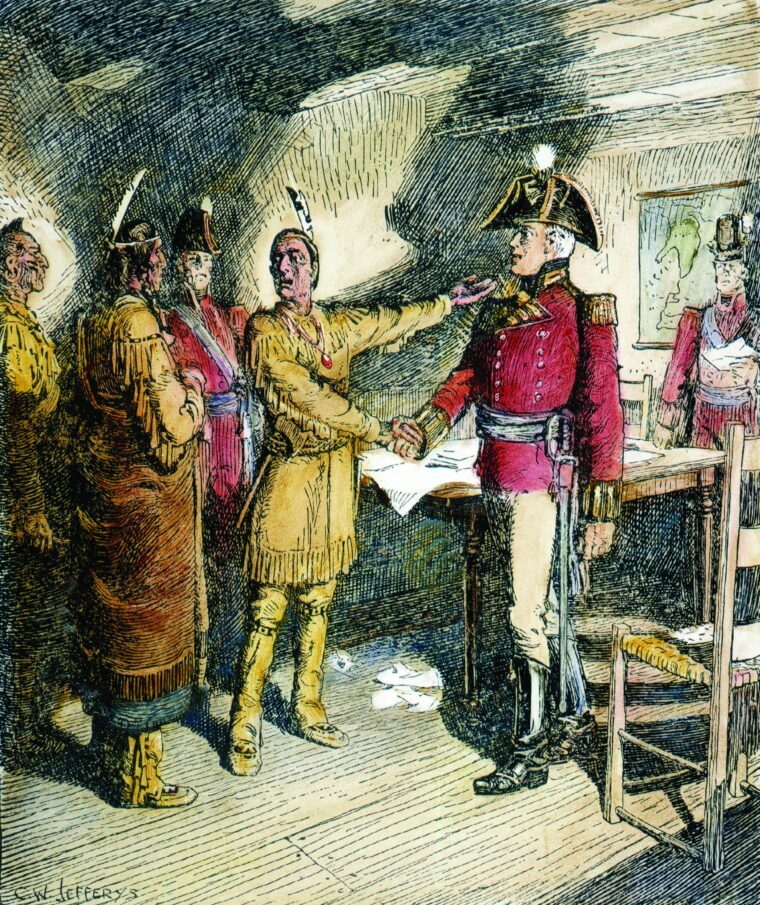 British General Isaac Brock meets with Shawnee Chief Tecumseh in August 1812 to cement their alliance against the Americans. 