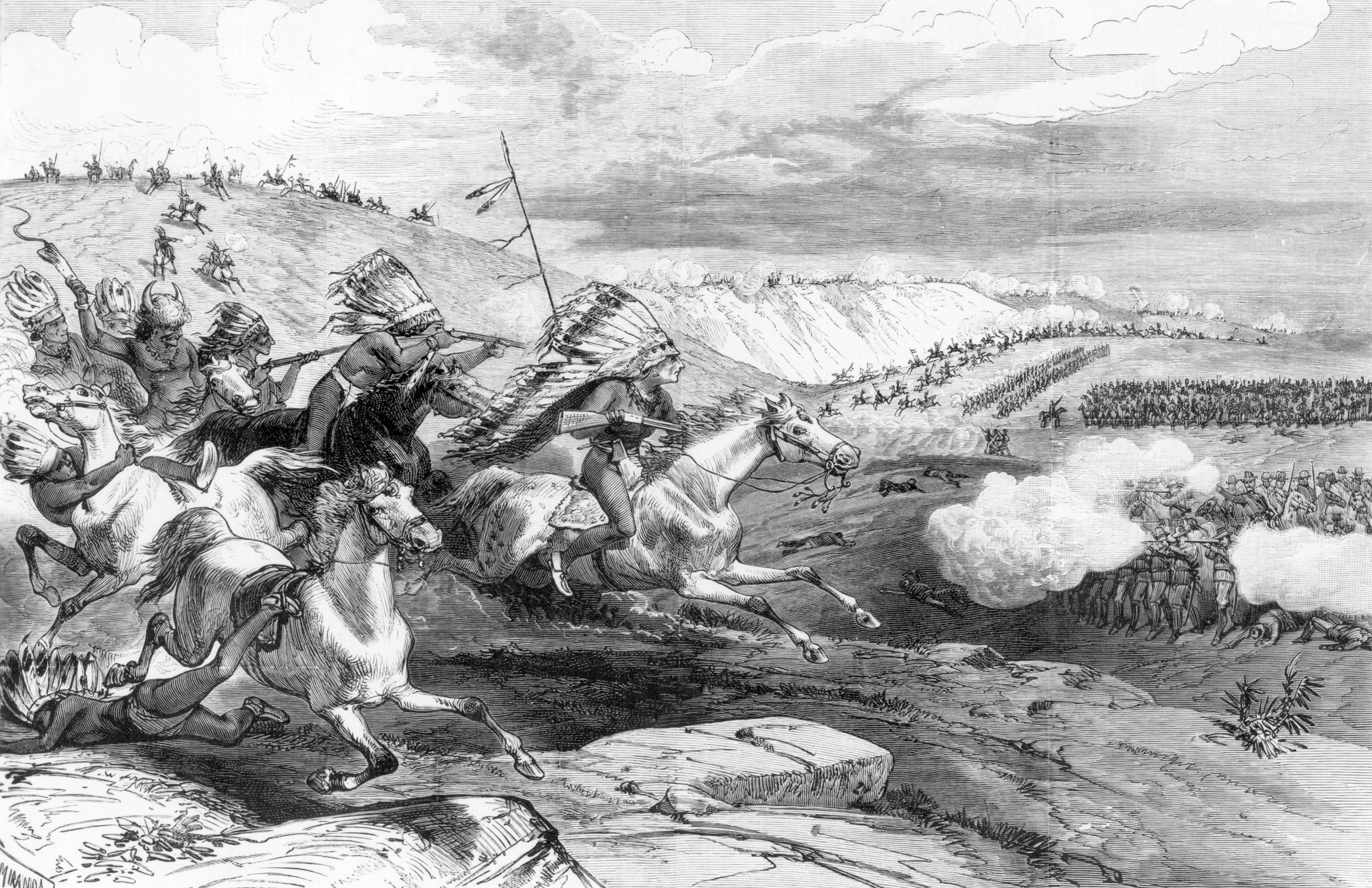 A rendition of Sioux charging Lt. Col. William Royall’s detachment of cavalry.  It was printed two months after the battle in Frank Leslie’s Illustrated Newspaper.