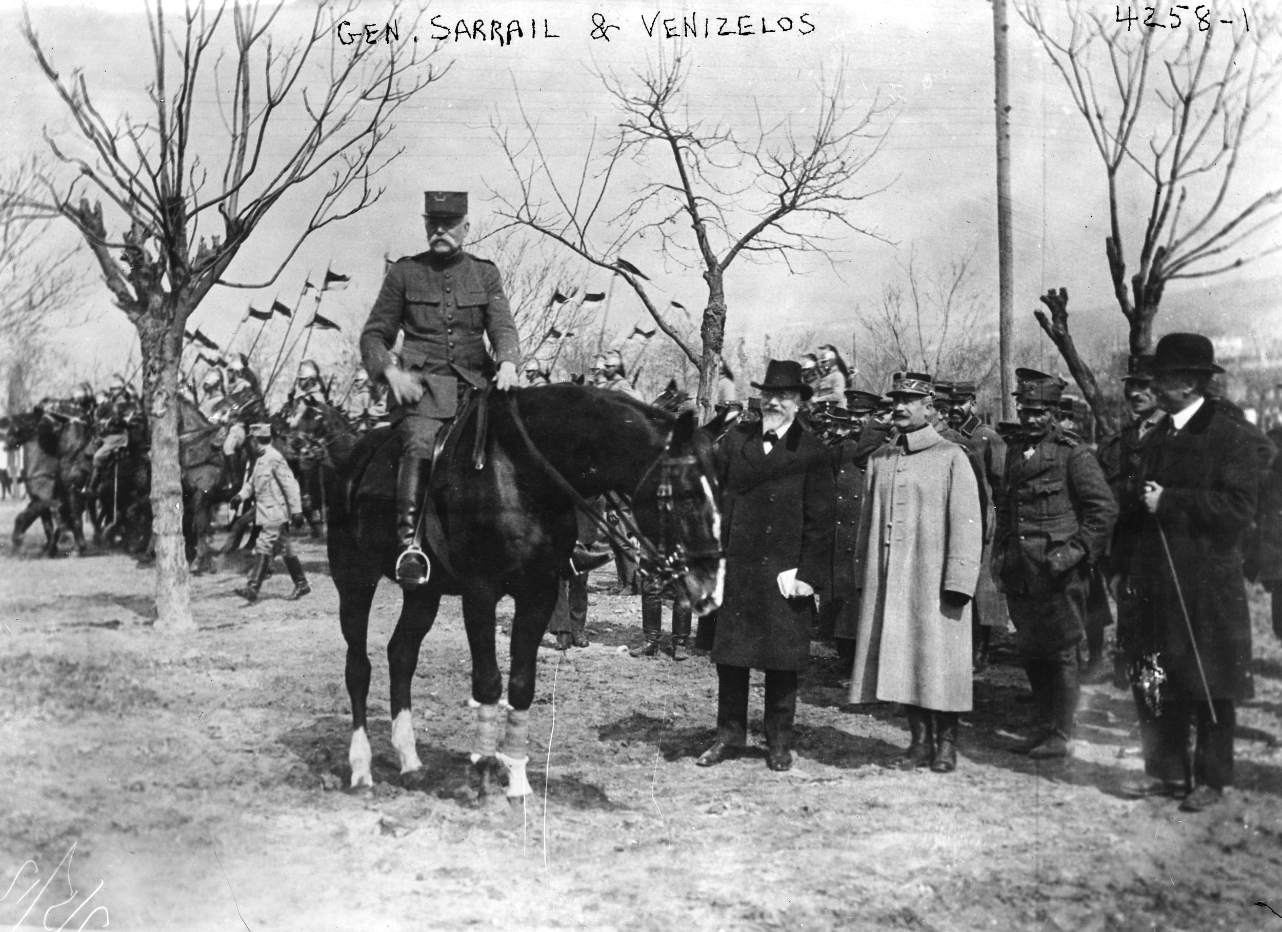 Allied commander Maurice Sarrail on horseback at Salonika with Greek Prime Minister Eleutherios Venizelos, bearded in black.