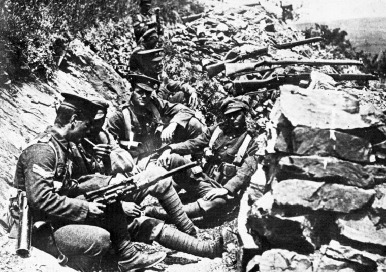 British infantry in the 10th (Irish) Division man the front lines on Kosturino Ridge in Serbia, December 1915.