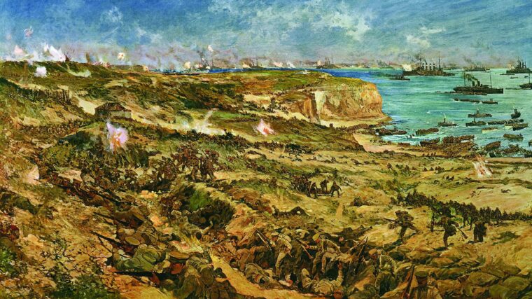 British forces land at Salonika, Greece, on April 25, 1915, in this engraving by Charles Dixon. The Brits called the Allied backwater “the birdcage.”