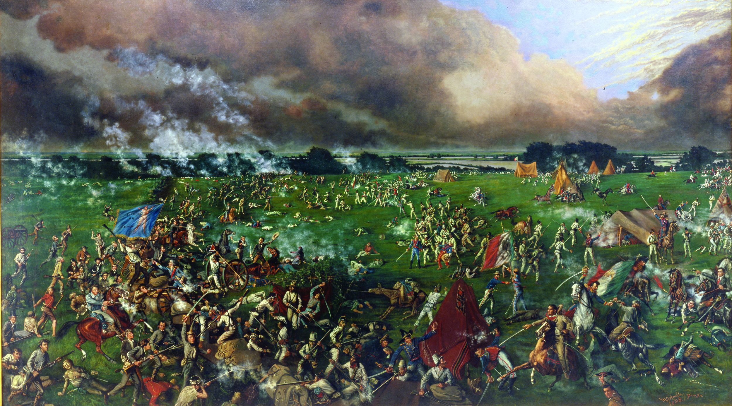Buckskin-clad Texas troops overrun white-uniformed Mexican forces in this panoramic depiction of the Battle of San Jacinto. The Texans’ victory guaranteed their independence.