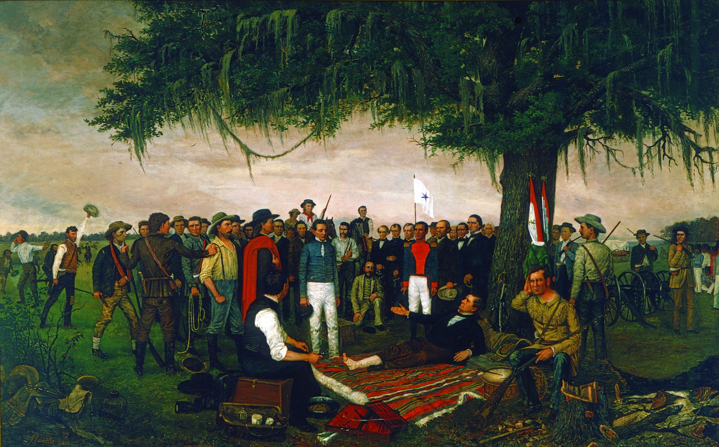 An abashed Santa Anna, hat in hand, surrenders to the wounded Sam Houston after the Battle of San Jacinto. Painting by William Huddle.