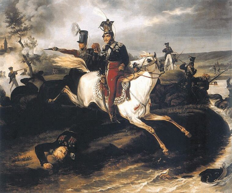 Poniatowski, riding a white horse, in the midst of battle.