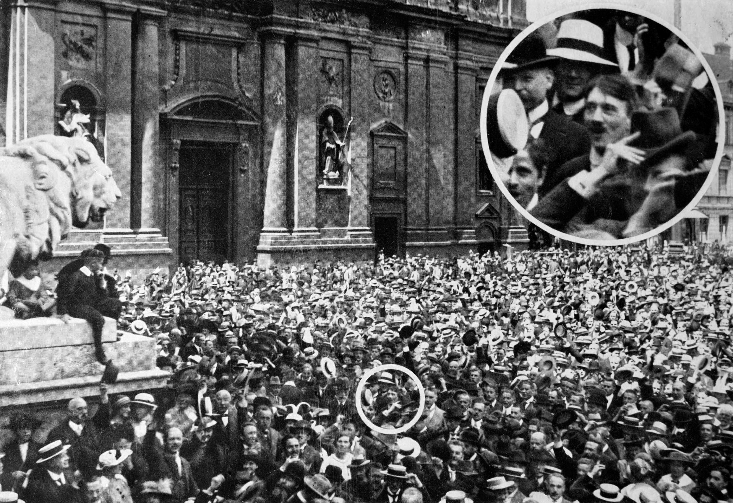 Hitler, circled, was among the crowd of patriotic zealots in Vienna celebrating the beginning of World War in August 1914. 
