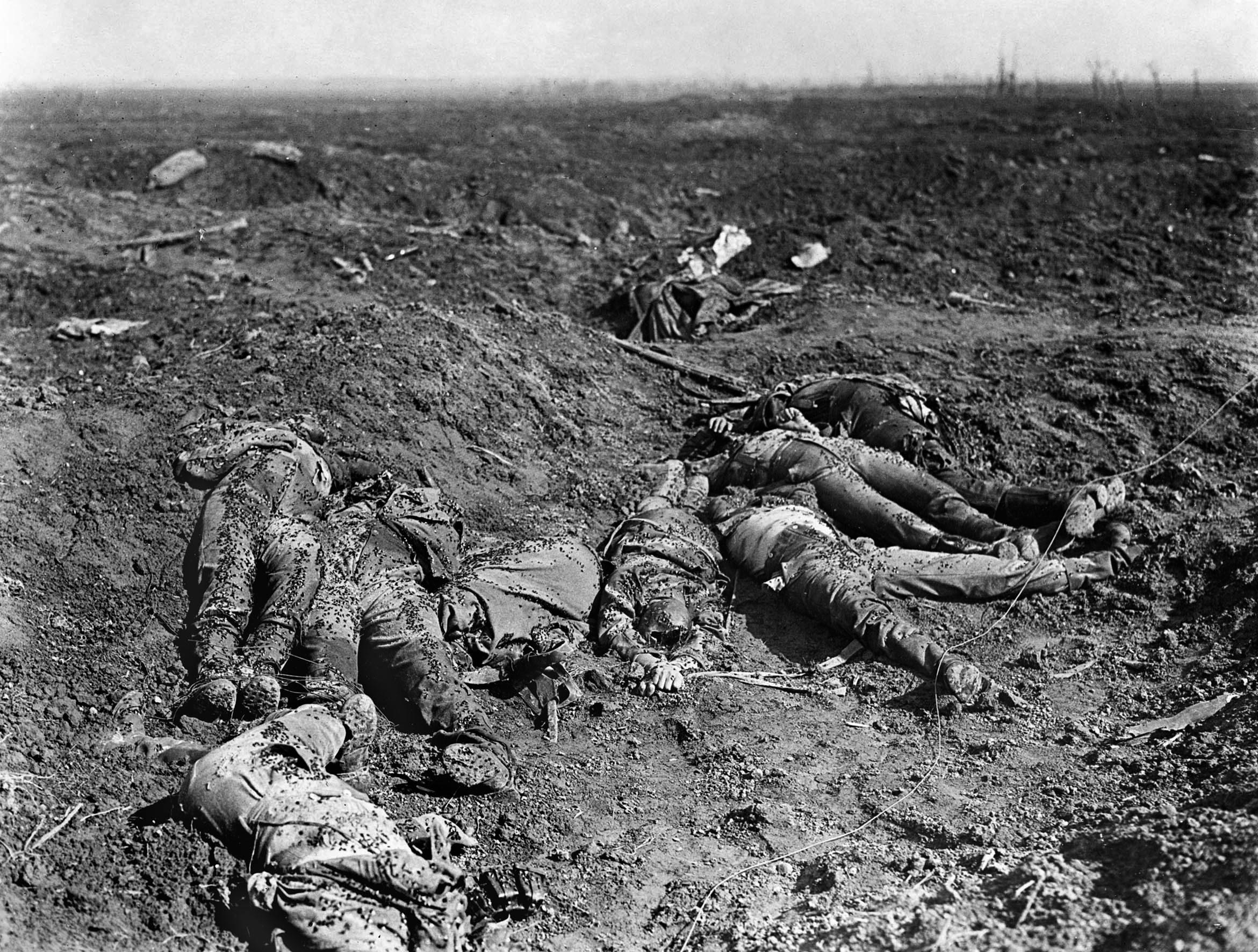 Dead German soldiers litter the battlefield at the Somme. Hitler was wounded twice but miraculously escaped a similar fate—much to the world’s later regret. 
