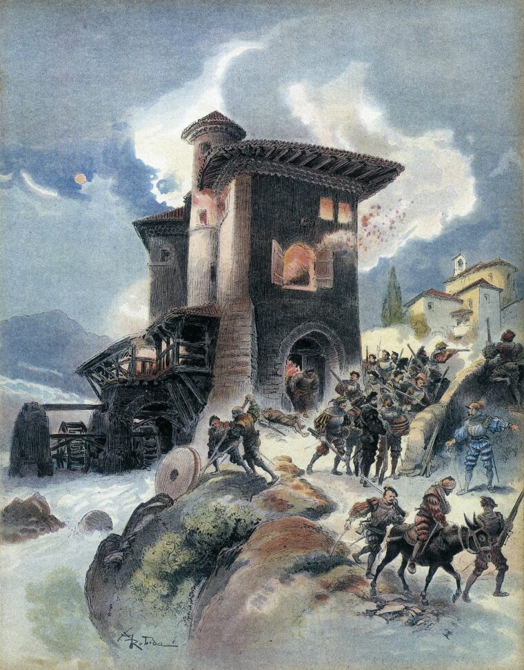 In 1536, Monluc had his men attack an imperial grain mill at Auriol, killing all the defenders in a daring raid.