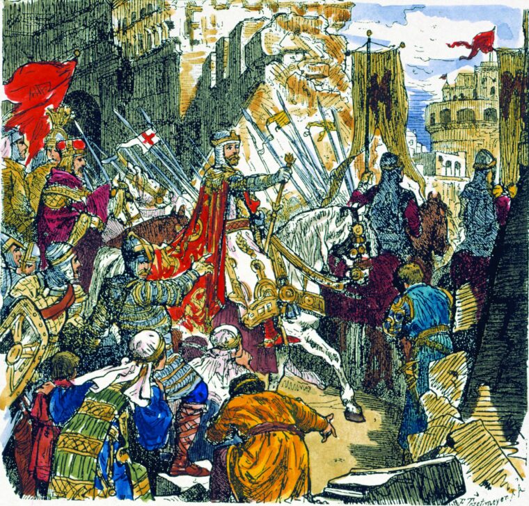 A triumphant Rodrigo Diaz de Vivar, better known as El Cid, enters the Moorish stronghold of Valencia in 1094.