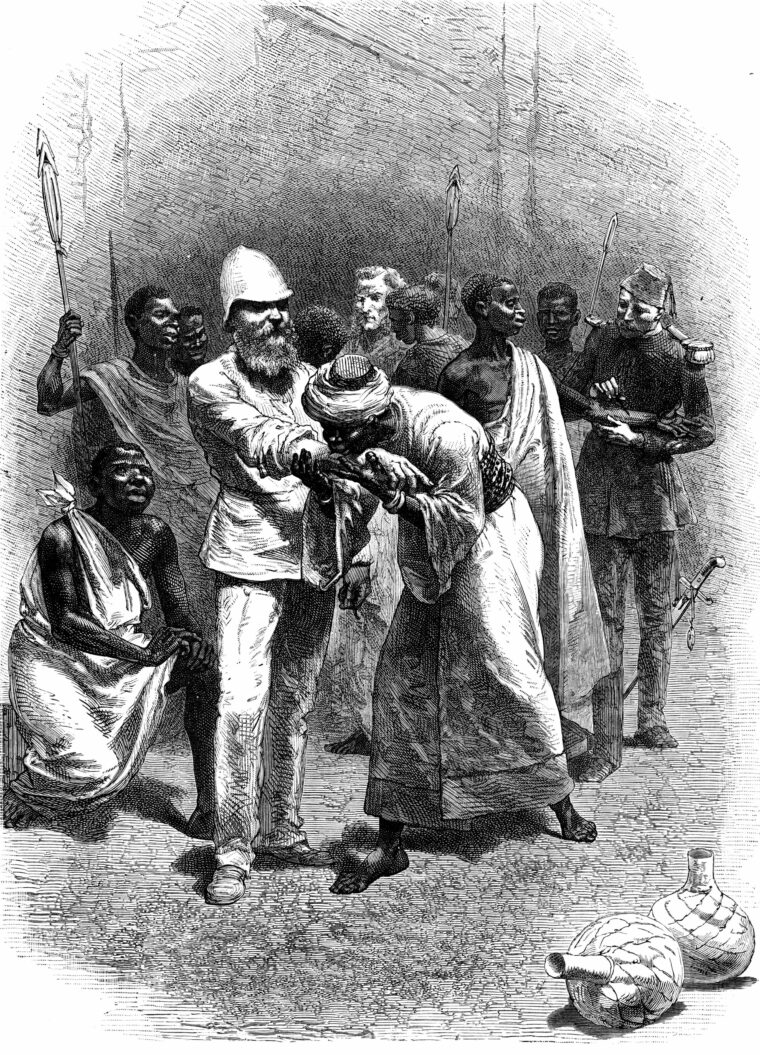 English adventurer Samuel White Baker makes a blood pact with King Rionga near Lake Albert during an expedition to suppress the slave trade in 1872.
