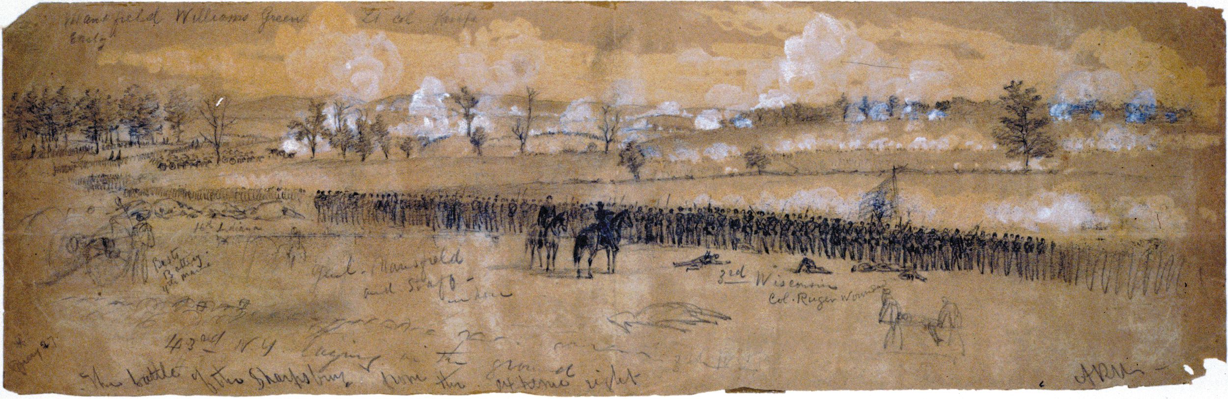 Union troops under Maj. Gen. Joseph Mansfield exchange fire with Confed- erates defending the Cornfield at Antietam in this sketch by  Alfred R. Waud for Harper’s Weekly. By then, Mansfield had already been mortally wounded.