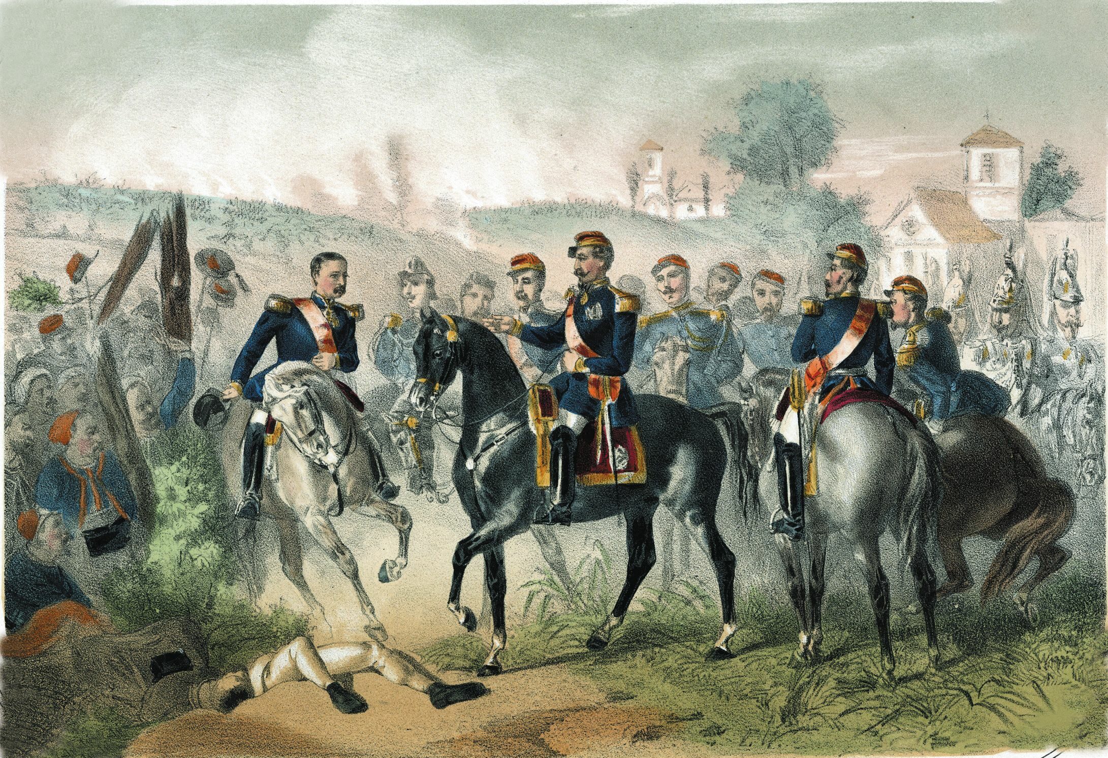 Napoleon III, right, meets with Marshal Marie Patrice de MacMahon outside the village of Magenta en route to Solferino.