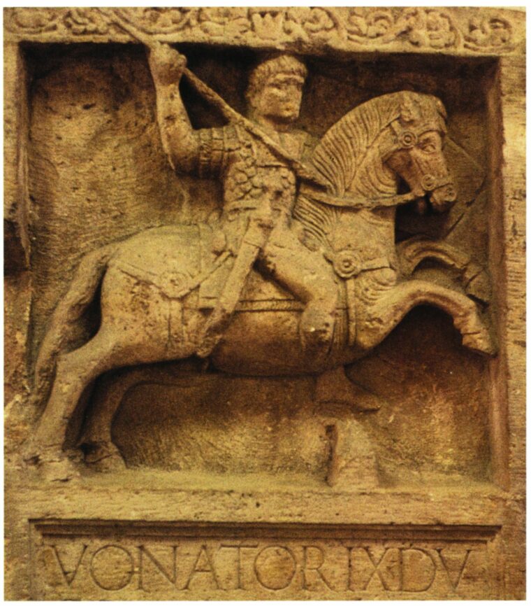 Tombstone of auxiliary cavalryman Vonatorix at Bonn. He wears the familiar Roman scale armor and wields a short spear.
