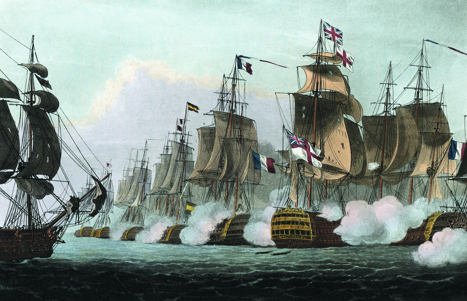 In this painting we can see the British, French and Spanish flags atop the mast's.