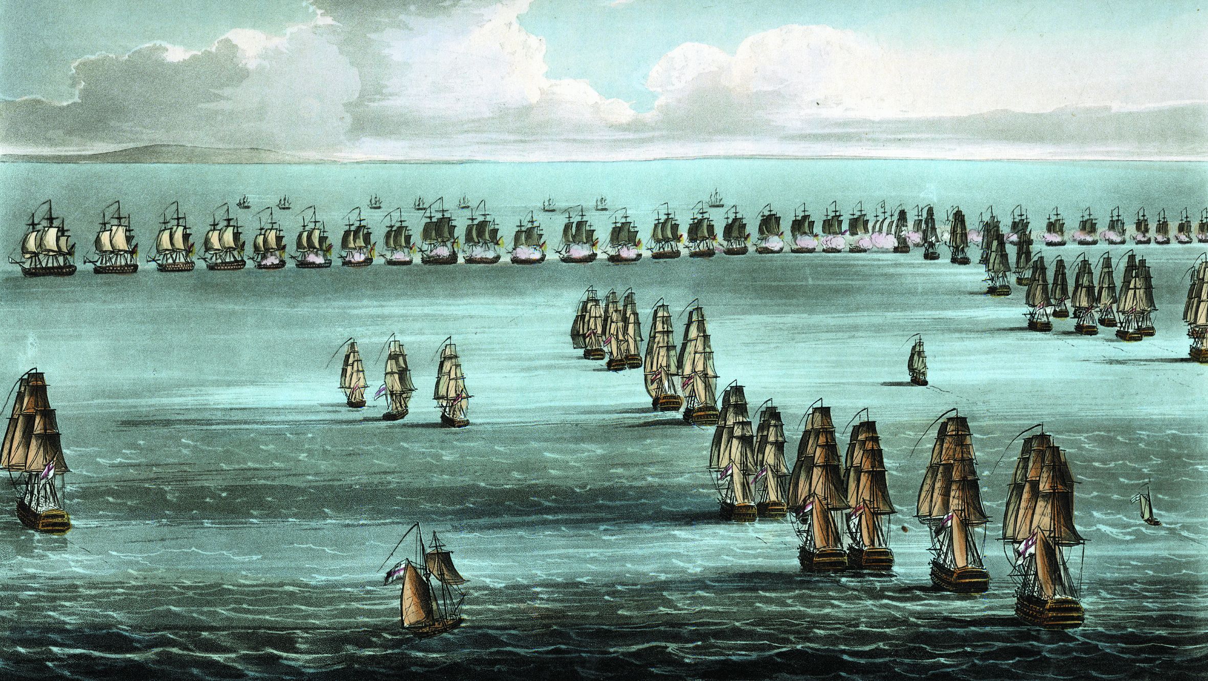 French warships wait in a conventional battle line for the oncoming British ships. “England expects that every 
man will do his duty,” Nelson famously signaled his sailors and marines.