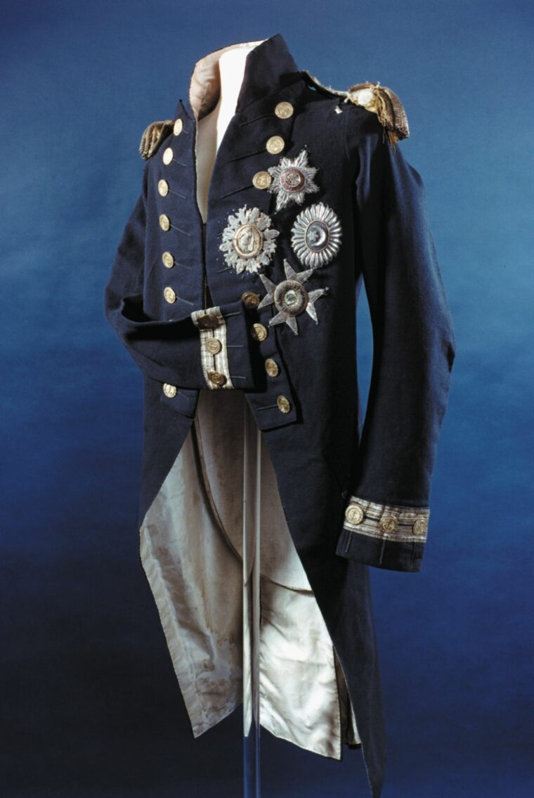 British naval officer. Uniform coat worn by Horatio Nelson at the Battle of Trafalgar, 1805.