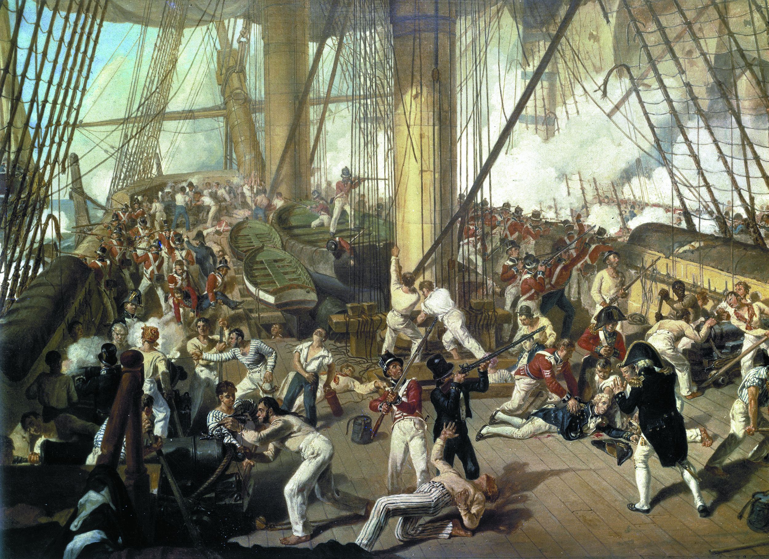 Nelson, lower right, lies mortally wounded on the top deck of his flag ship Victory at the height of the fighting. Modern scholarship suggests he was struck by a ricochet round from a French musket.