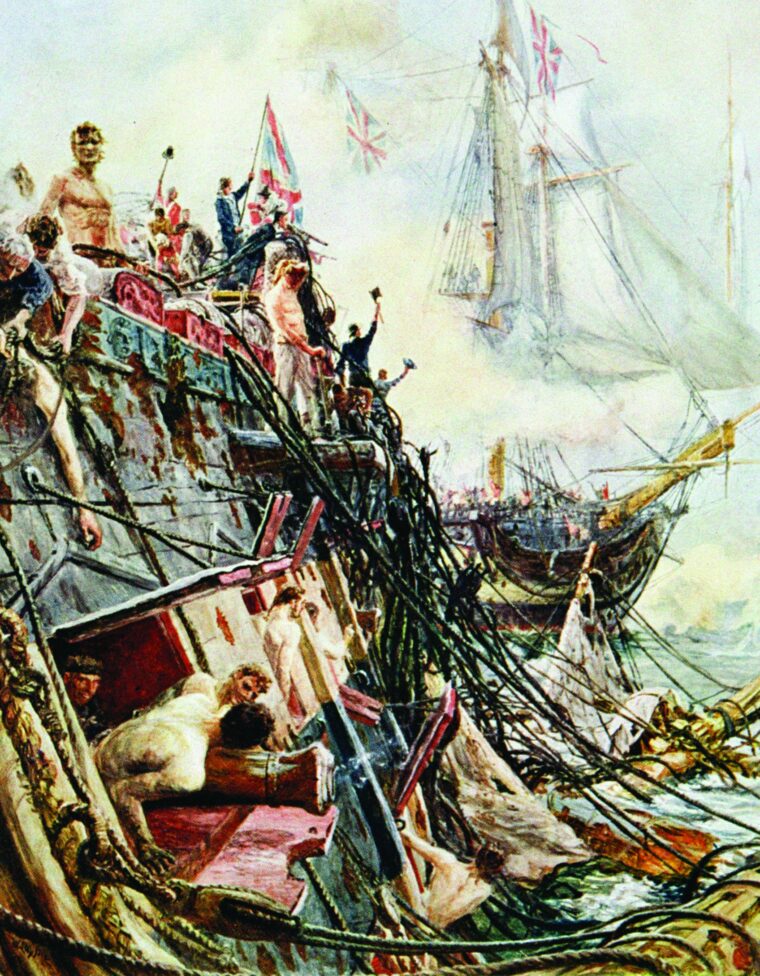 “Crippled but Unconquered,” HMS Belleisle continues to battle in this vivid painting by William Lionel Wyllie.
