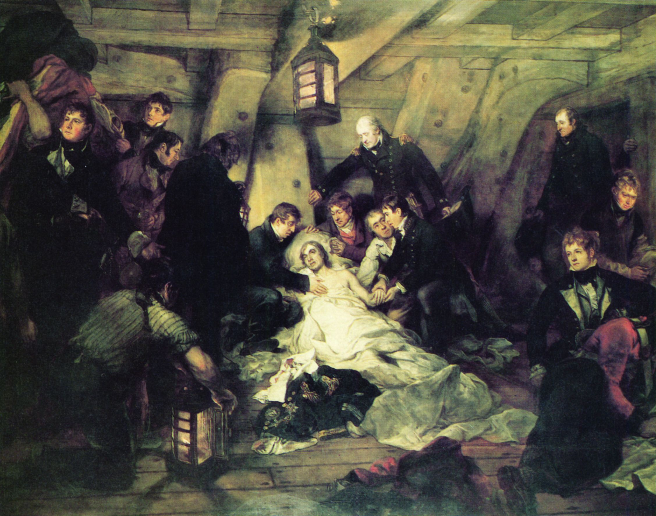 Nelson lies on a litter surrounded by Captain Hardy (standing), Surgeon Beatty (taking his pulse), and Chaplain Scott (rubbing his chest) in a contemporary painting by A.W. Devis.