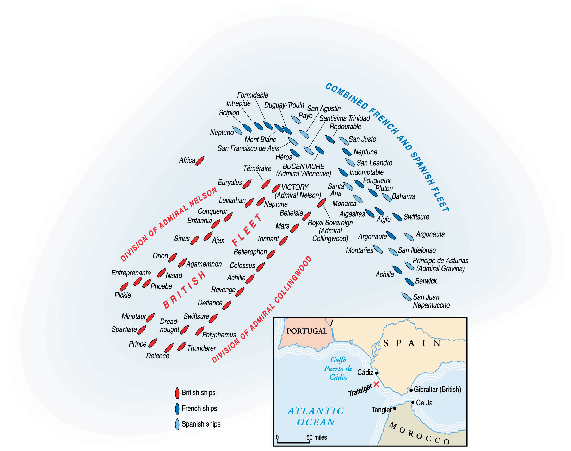 The lineup of the opposing forces at the beginning of the Battle of Trafalgar. Lord Nelson, in keeping with his new plan, has divided his fleet into two wings, preparing to initiate “the Nelson Touch.”