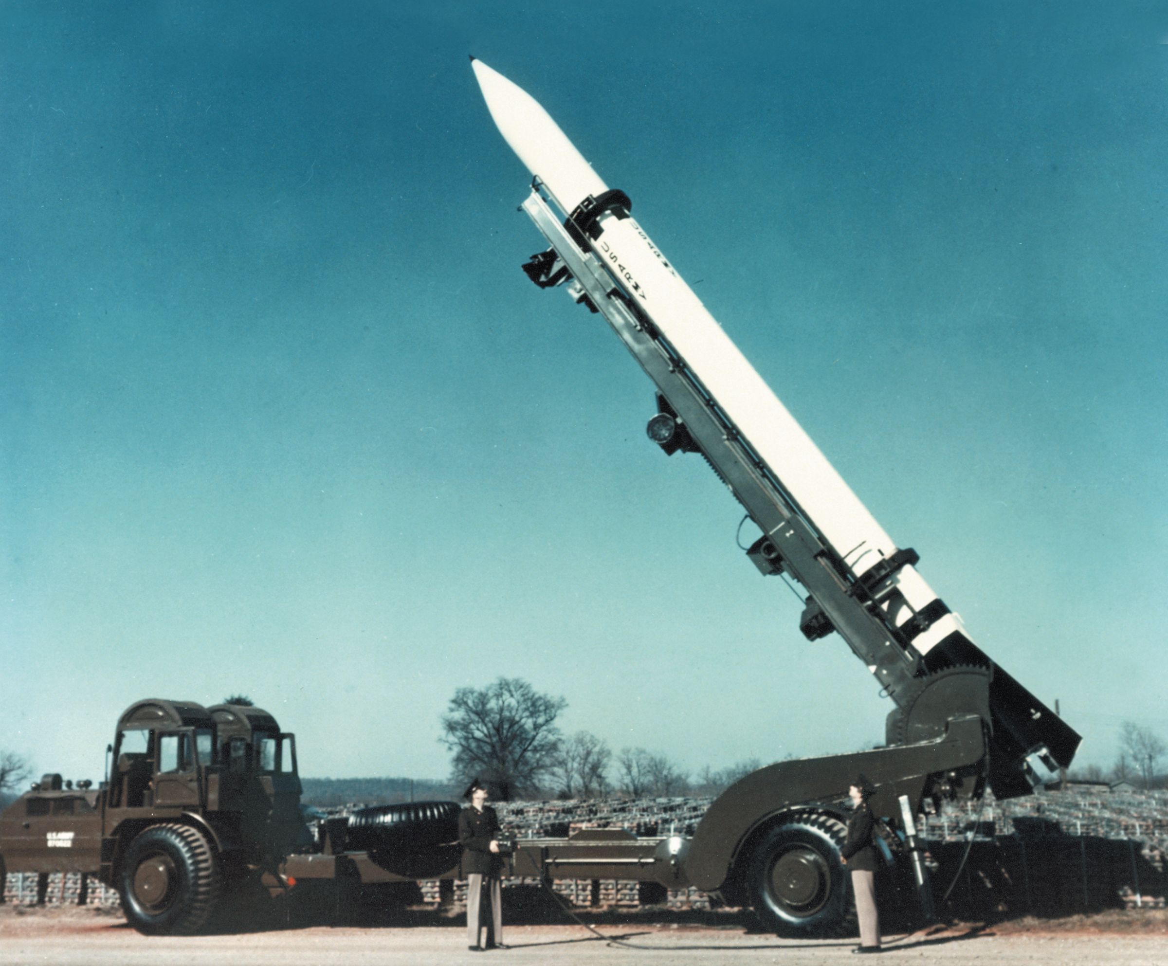 The Corporal  Type II (M2) mounted on an erector launcher. Eight U.S. battalions in Germany and Italy received the new missile in 1956.