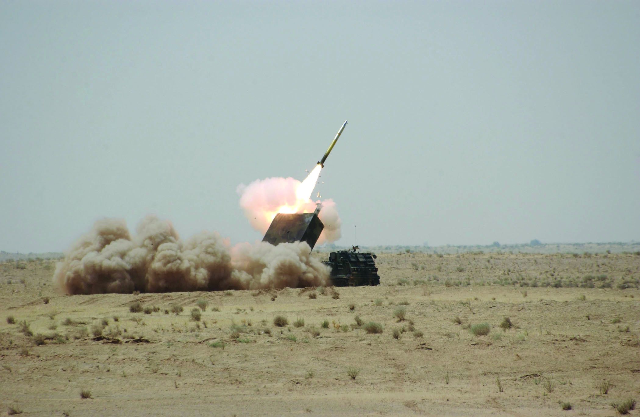 A MLRS test-firing at Tikrit, Iraq, in the summer of 2005. The system was first used in combat at Tal Afar that September.