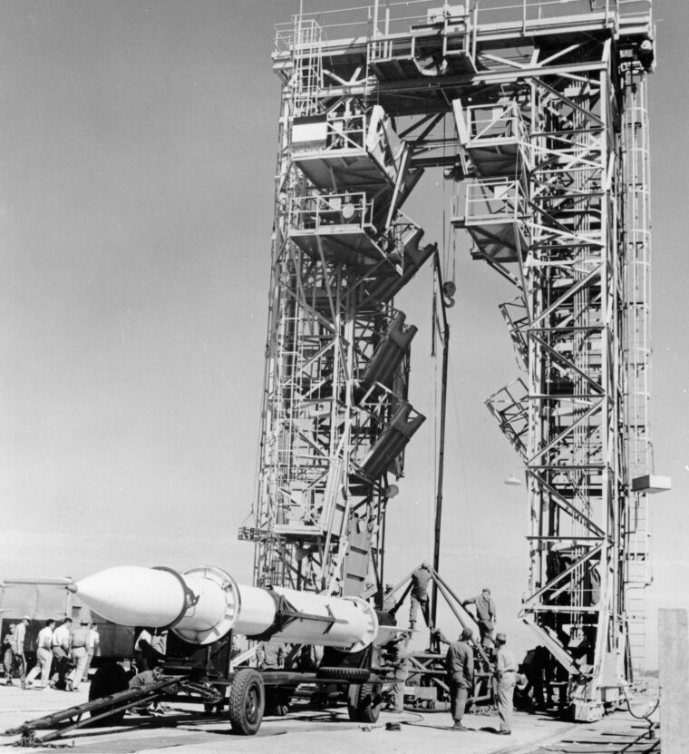 Corporal Model E being prepared for loading at White Sands Proving Ground on August 3, 1951.