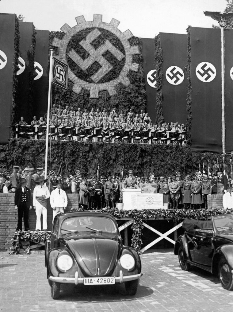 Laying the foundation stone at the Volkswagen factory at Fallersleben on the occasion of Adolf Hitler’s 50th birthday.