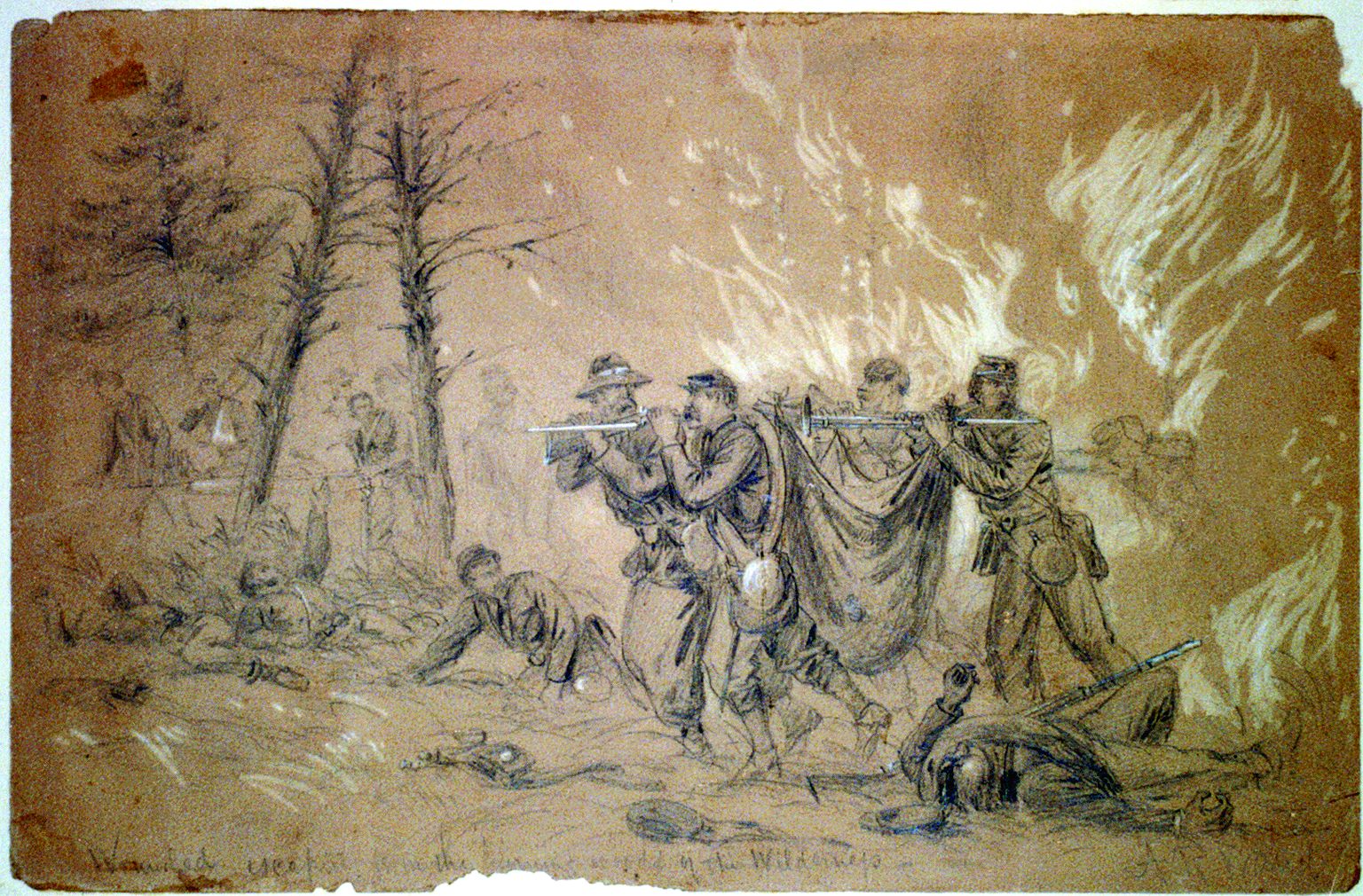 Union soldiers carry their wounded comrades to safety from the burning woods of the Wilderness in this Waud sketch.
