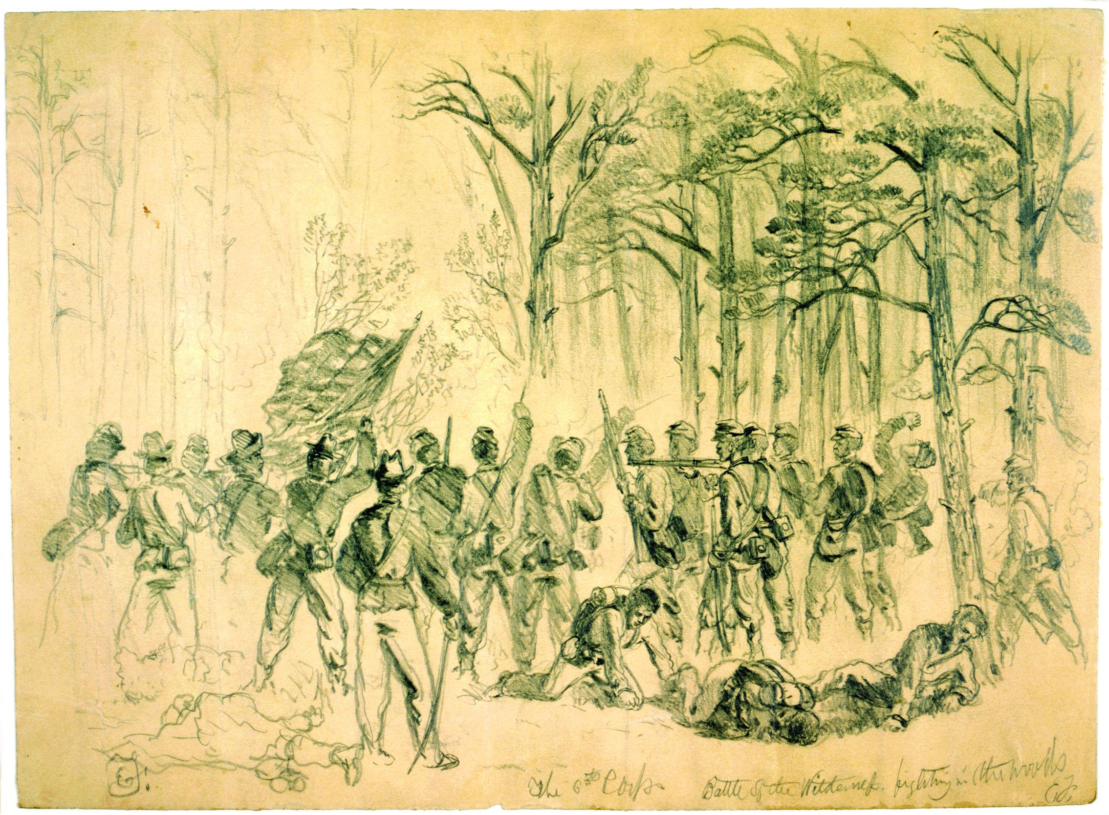 Members of the Union VI Corps fight in the deep woods. Sketch by battlefield artist Alfred A. Waud.
