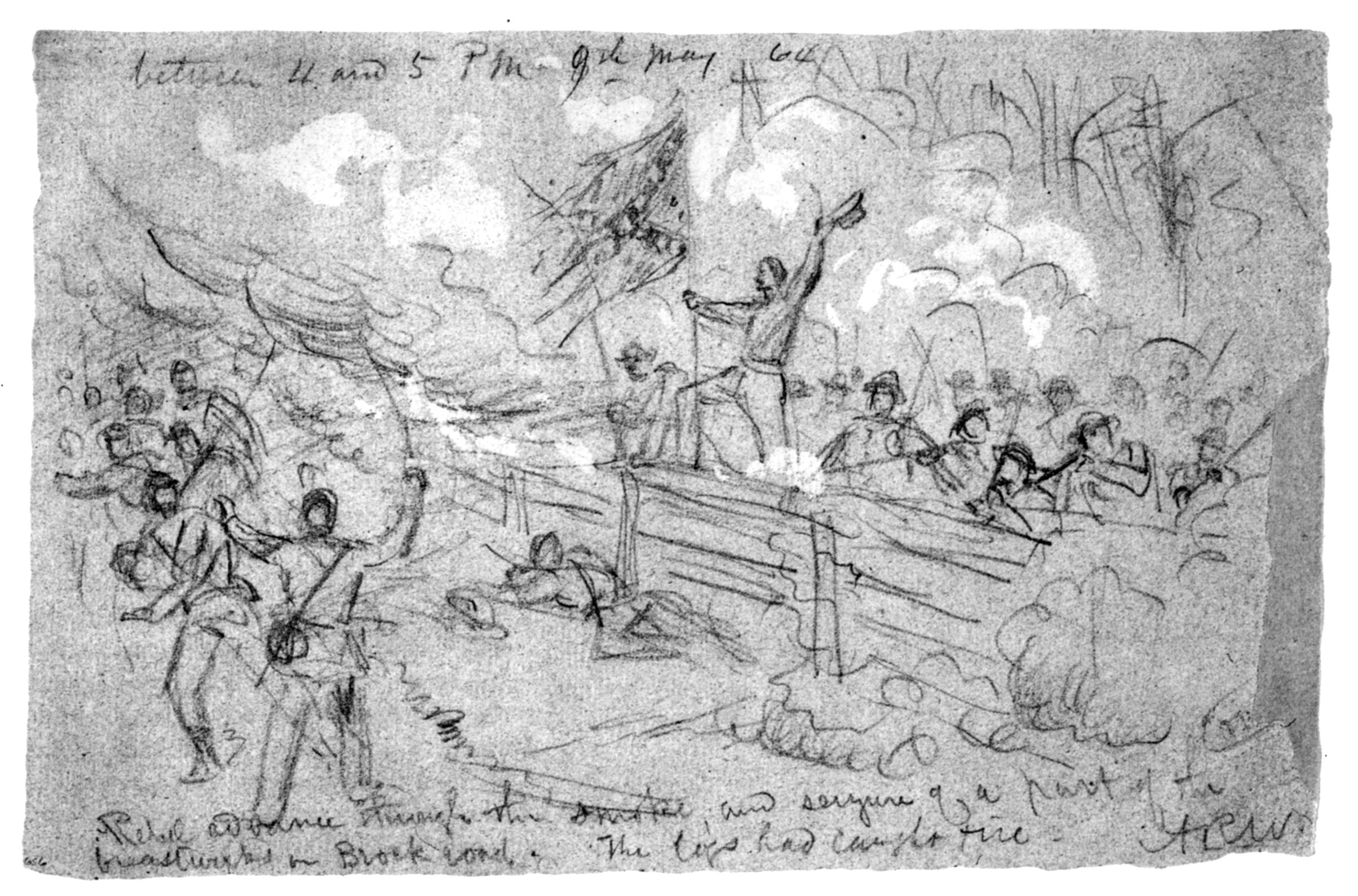 Confederate troops swarm over Federal breastworks at the height of their May 6 assault in the Wilderness.