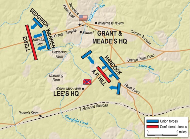 Major General Gouverneur K. Warren’s V Corps opens the Battle of the Wilderness with an attack on Lieutenant General Richard Ewell’s II Corps on the Confederate left.