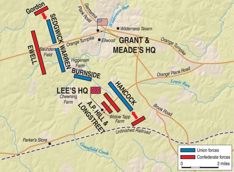 James Longstreet’s fresh troops, spearheaded by General David M. Gregg’s Texas brigade, retake lost ground on May 6.