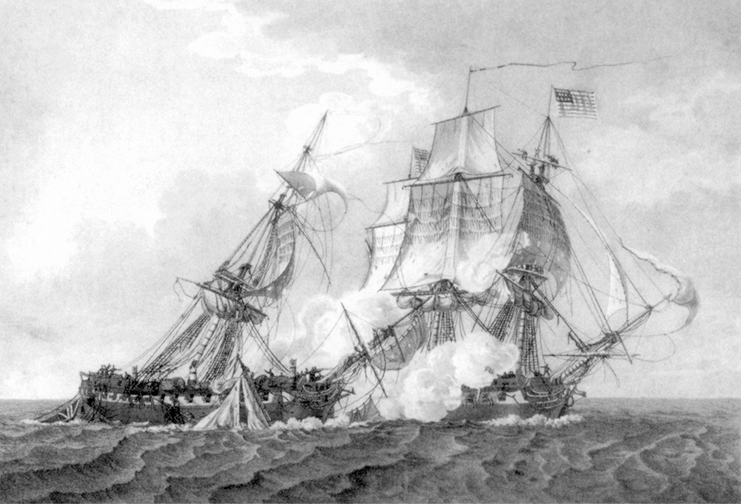 The USS Constitution backs away form HMS Guerrière as the British ship’s main mast begins to collapse, on August 19, 1812.  The Guerrière’s captain surrendered soon after.