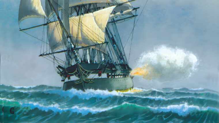 ‘Old Ironsides’ fires off a signal gun during the War of 1812. She never lost an engage- ment during her long ser- vice to the United States.