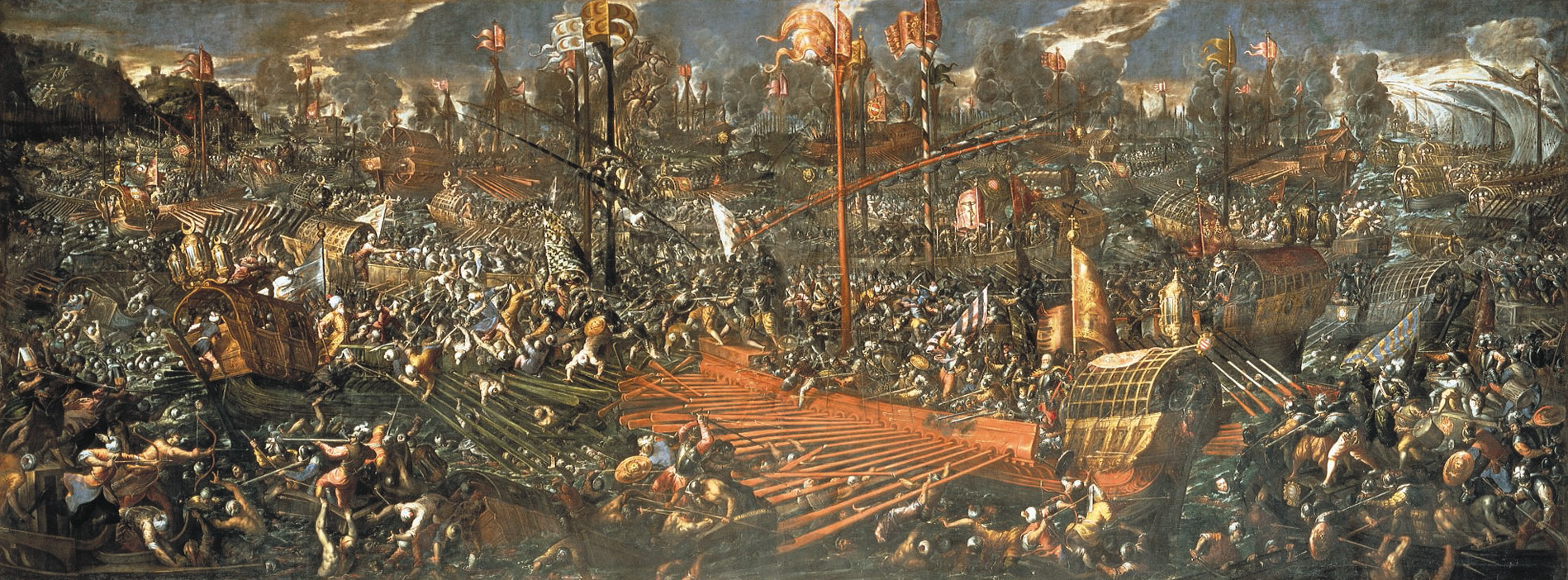 A Venetian galley on the left flank attacks a Turkish ship. Arquebusiers fire on the Turks in the great sea battle that was a large risk for both sides. Doge Sebastiano Veniero (white beard) stands at the right. 