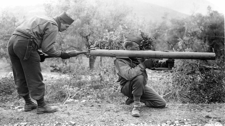 Americans try out a German antitank weapon in Ceppagna, Italy, in January 1944.