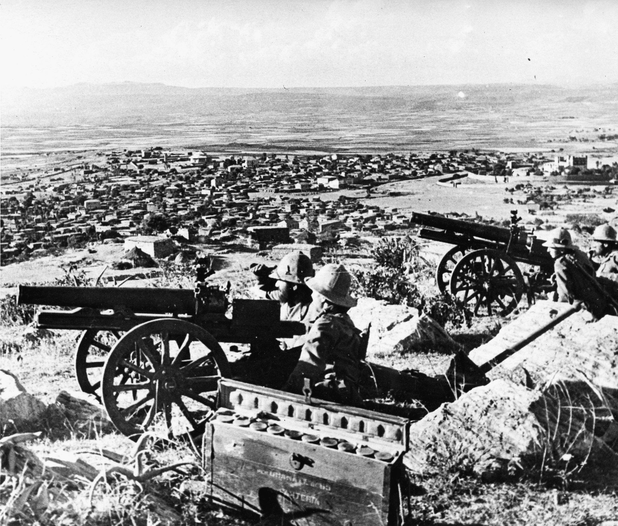 Italian cannons dominate the town of Makalle and its surroundings from Fort Enda Jesus, November 18, 1935. In 1896 the Italians under Major Guiseppe Galiano held the fort for 41 days against a far superior Ethiopian army before being granted passage out of the area. 