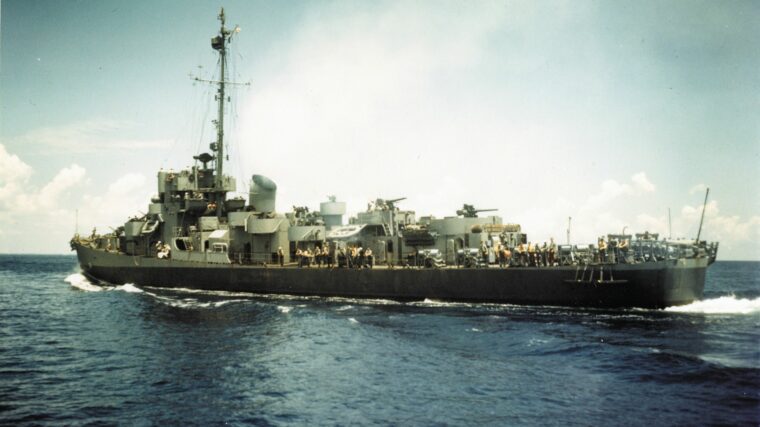 A U.S. Navy destroyer escort was originally conceived as something of a stopgap measure during World War II. Later, the design proved to be effective in all theaters. Here, a destroyer escort is shown under way during sea trials.