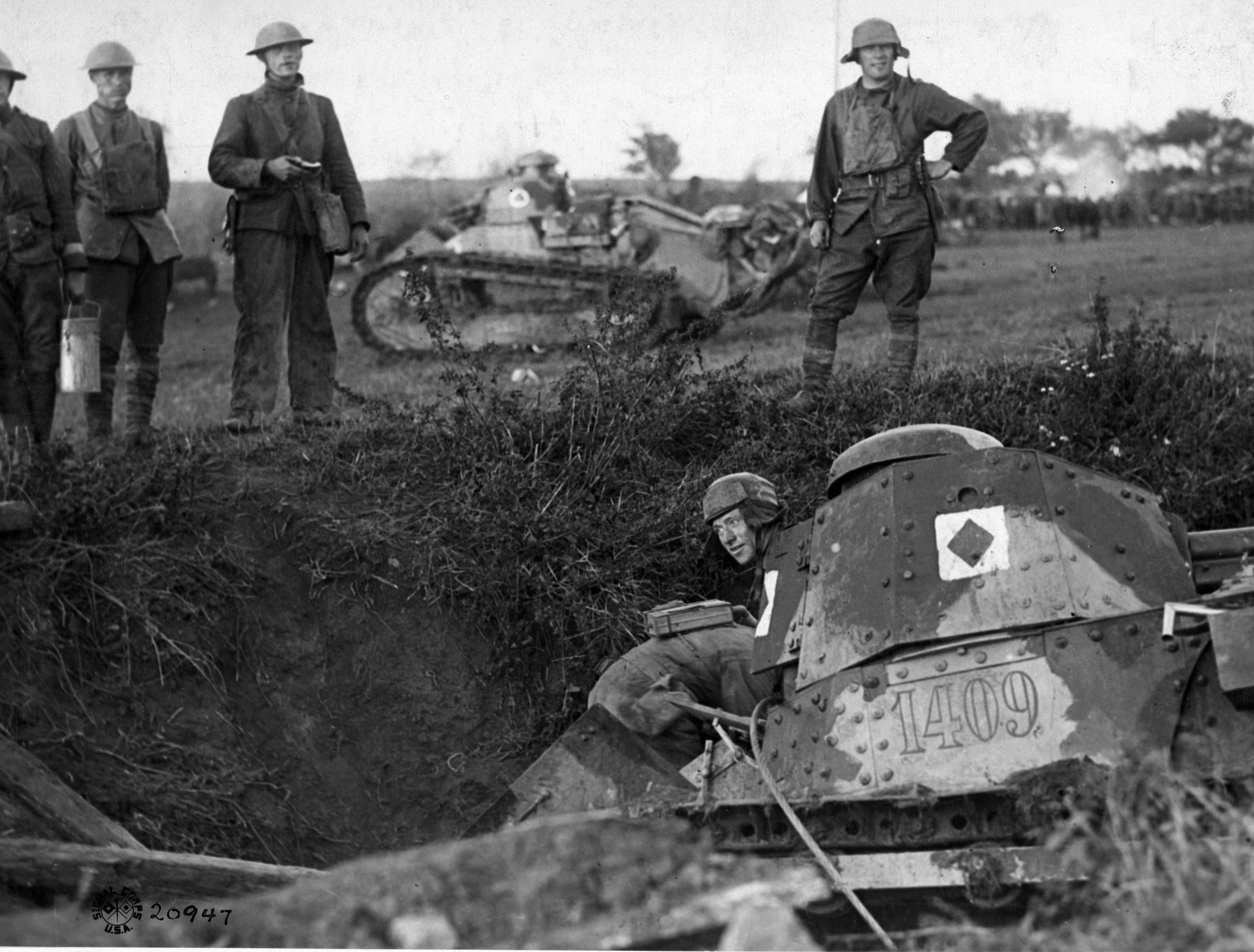 Pulling a tank out of a ditch during the American attack on the German line at the St. Mihiel salient.