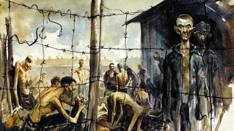 War artist Gary Sheenhan captured the prisoners’ misery, fear, and deprivation at Buchenwald in 1945. The revolts in Sobibor and Treblinka were the last chance for the inmates to survive as the Nazis began to cover up their heinous deeds.
