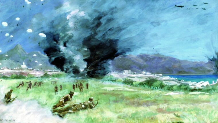 German paratroopers advance across a dangerously open field as their comrades drop from Junkers Ju-52s in the sky above Crete during the opening of Operation Mercury. A German veteran painted the scene from memory.