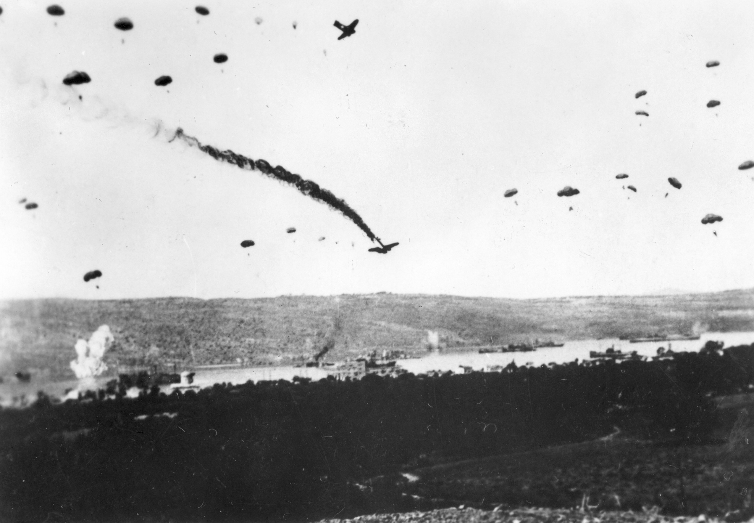 A Junkers Ju-52 burns furiously as it plunges to the ground on May 21, 1941, over the Akrotiri Peninsula.