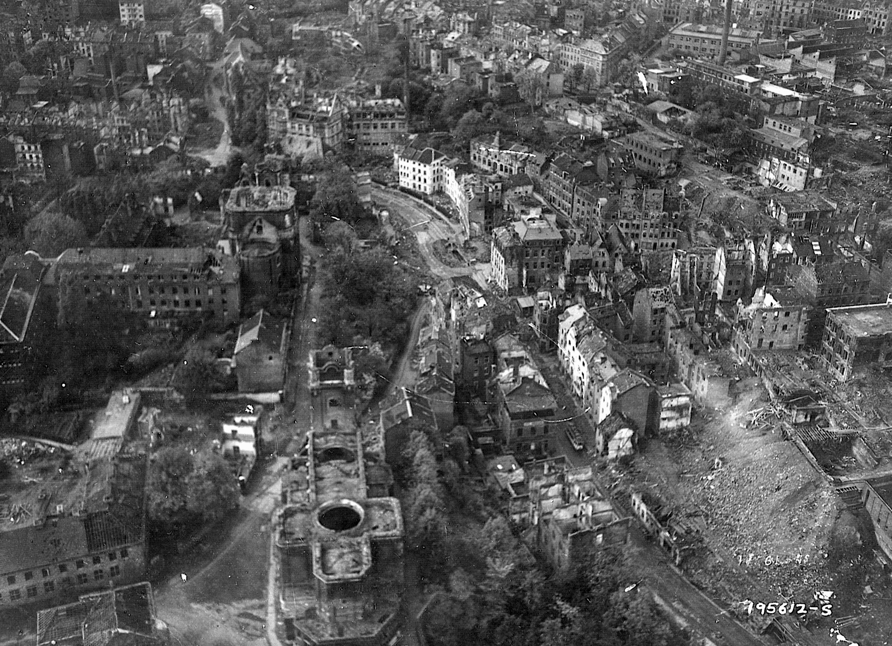 The domeless cathedral where Charlemagne was crowned Emperor of the Holy Roman Empire centuries earlier is visible in this aerial view of a devastated Aachen taken on October 24, 1944. Hitler was particularly insistent that Aachen be brutally defended since the city was in Germany and was significant in the nation’s history. (National Archives)
