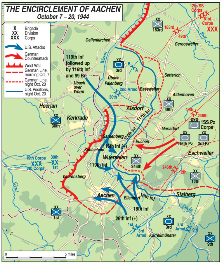 American forces labored to encircle the border city of Aachen on the German frontier and expended tremendous manpower and supplies before its surrender. (Map © 2008 Philip Schwartzberg, Meridian Mapping, Minneapolis, MN)