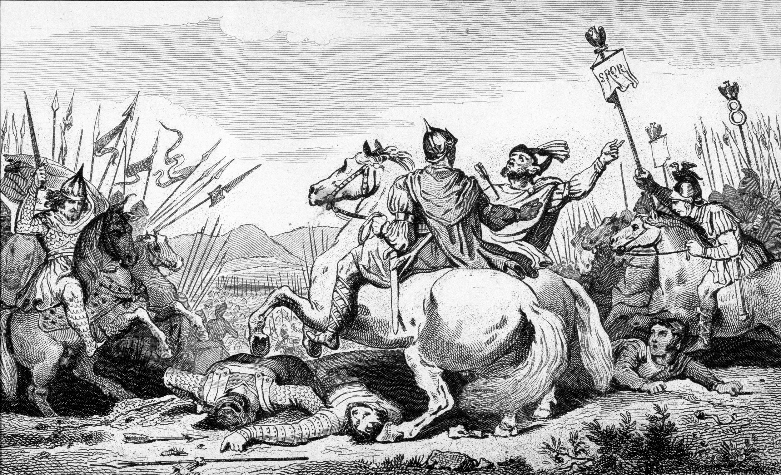 Theodoric, king of the Visigoths and ally to the Romans, falls in battle against Attila near Chalons in this 19th-century engraving.