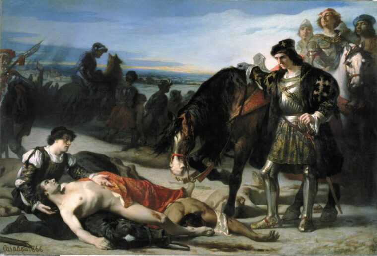 A solemn Gonzalo de Cordoba looks down at the body of his French opponent, Louis d’Armagnac, Duc de Nemours, following the Battle of Cerignola. The young duke fell leading a doomed cavalry charge.