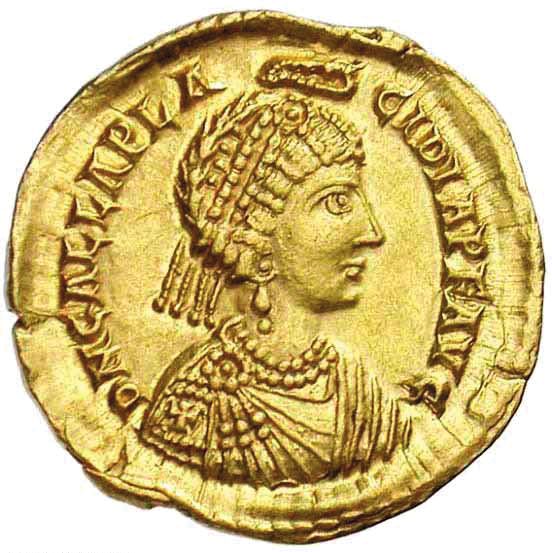 Ruthless Galla Placidia, mother of Valentinian III, is pictured on a Roman coin.