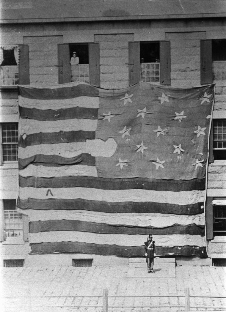 The original Star-Spangled Banner on display at Charlestown Navy Yard in Boston, 1873.