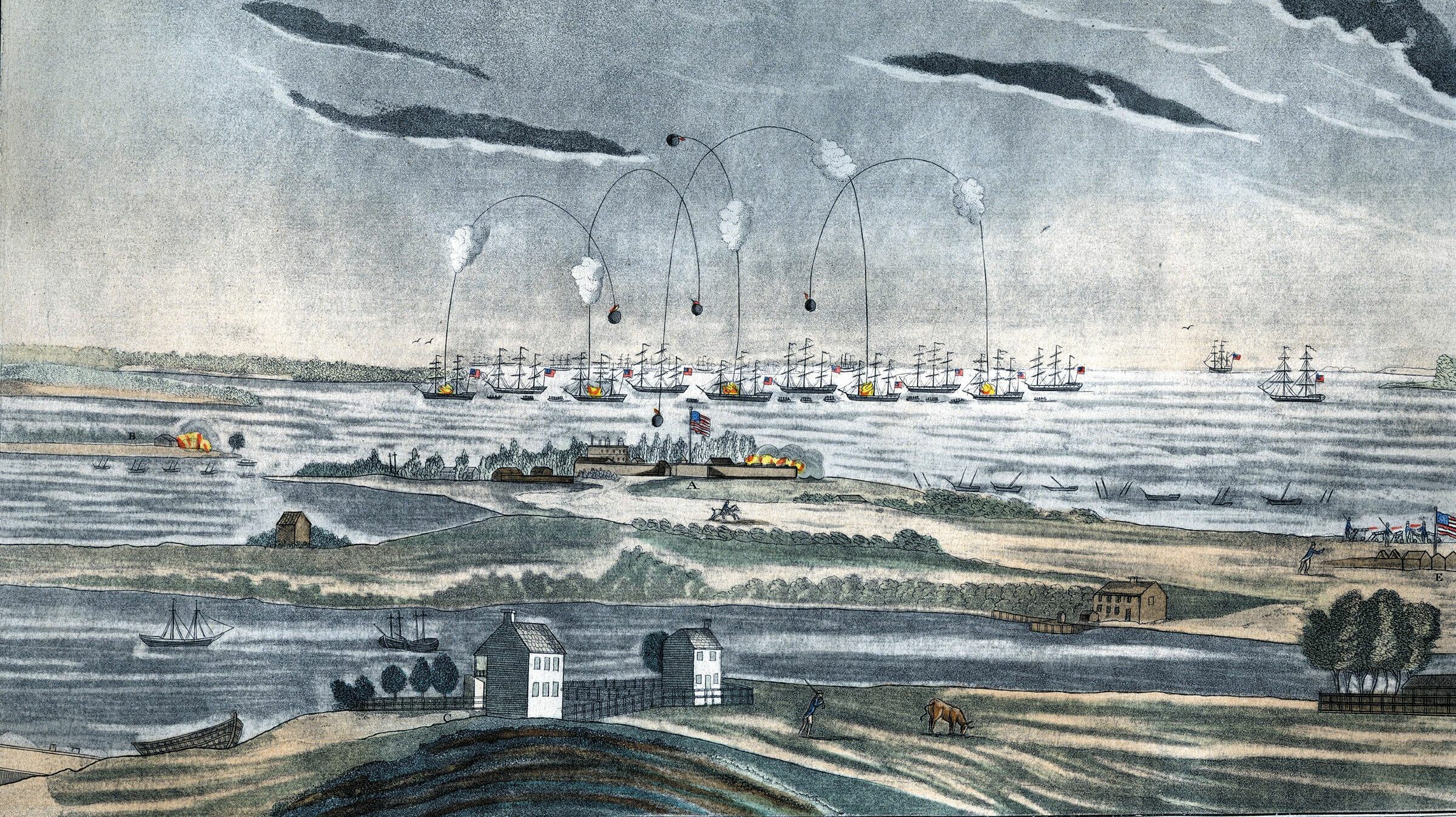 The British bombardment of Fort McHenry, center, opened on the morning of September 13, 1814. Lazaretto Point is shown at left, Fort Covington at right. Sunken ships were used to block the inner harbor.